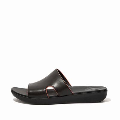 Fitflop Women's H-BAR Pop Binding Leather Slides Sandals - Black/Pink, BR4750816
